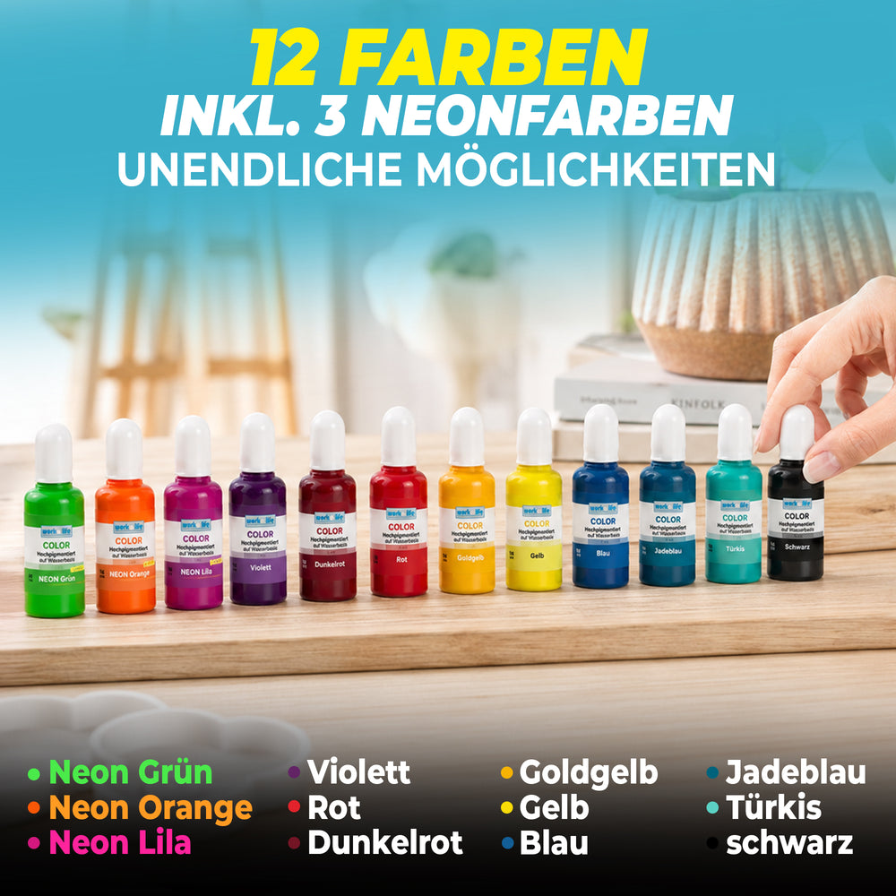 Gießpulver Farben – 12 × 15 ml inkl. 3 Neonfarben
