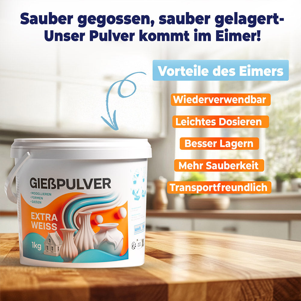 Gießpulver im wiederverschließbaren Eimer - Sauber gegeossen, sauber gelagert
