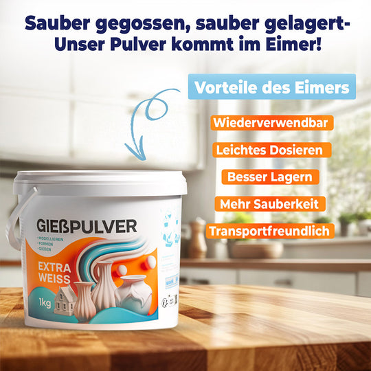 Gießpulver im wiederverschließbaren Eimer - Sauber gegeossen, sauber gelagert