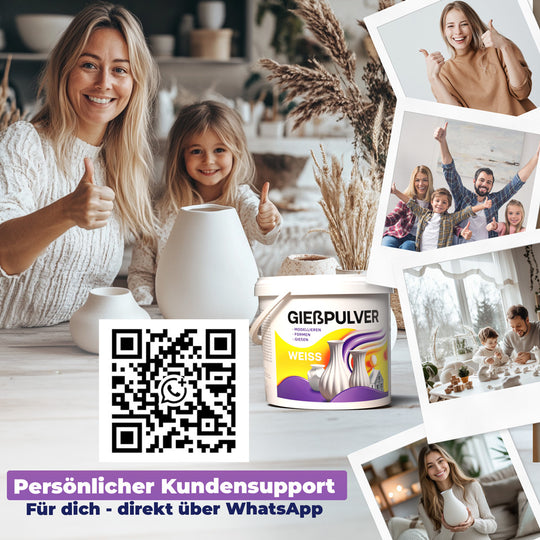 Eine Mutter mit ihrem Kind, die beide den Daumen hochhalten. Ergänzt wird die Darstellung durch weitere Bilder glücklicher Kunden sowie einen QR-Code, der direkt zum WhatsApp Kundensupport führt.