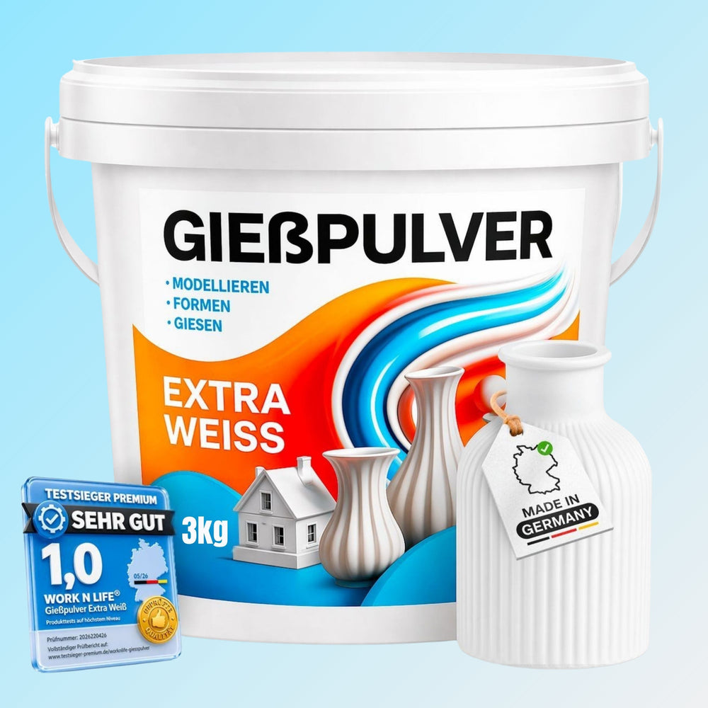 Gießpulver Extra Weiß in der 3Kg Variante auf einem hellblauen Hintergrund